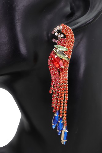 Women Gold Metal Parrot Earrings Jungle Bird Red Feathers Party Fashion Jewelry - Picture 9 of 12