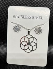 Flower Circular Stainless Steel Silver Stud Earrings Necklace Jewelry Set New 