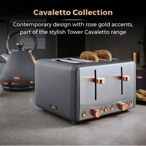 Tower Cavaletto 1.7L Pyramid Kettle & 4 Slice Toaster Set in Grey with Rose Gold