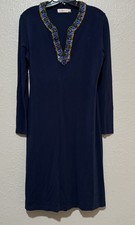 Tory Burch Sabina Midi Sheath Dress W Sz. Med Blue Jeweled Trim Resort Cruise