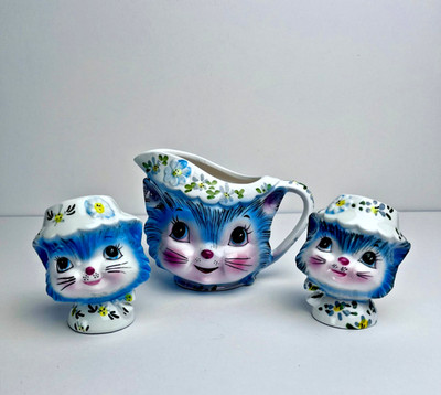 Vintage Lefton Miss Priss Blue Kitty Floral Creamer #1508 + Salt Shakers #1511