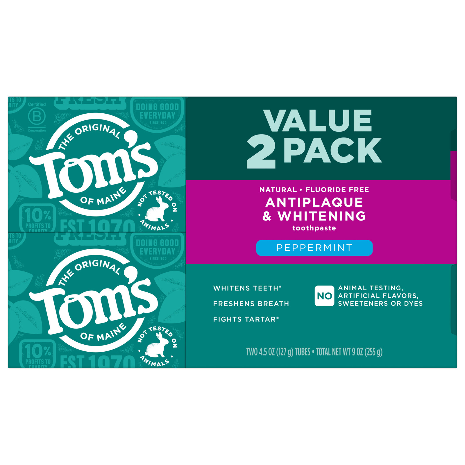 Antiplaque and Whitening Fluoride Free Toothpaste, Peppermint, 2 Pack, 4.5 Oz