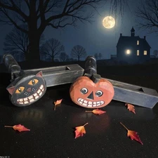 Vtg Halloween Primitive Noisemakers 6.5x8 Wood Folk Art Black Cat Jack O Lantern