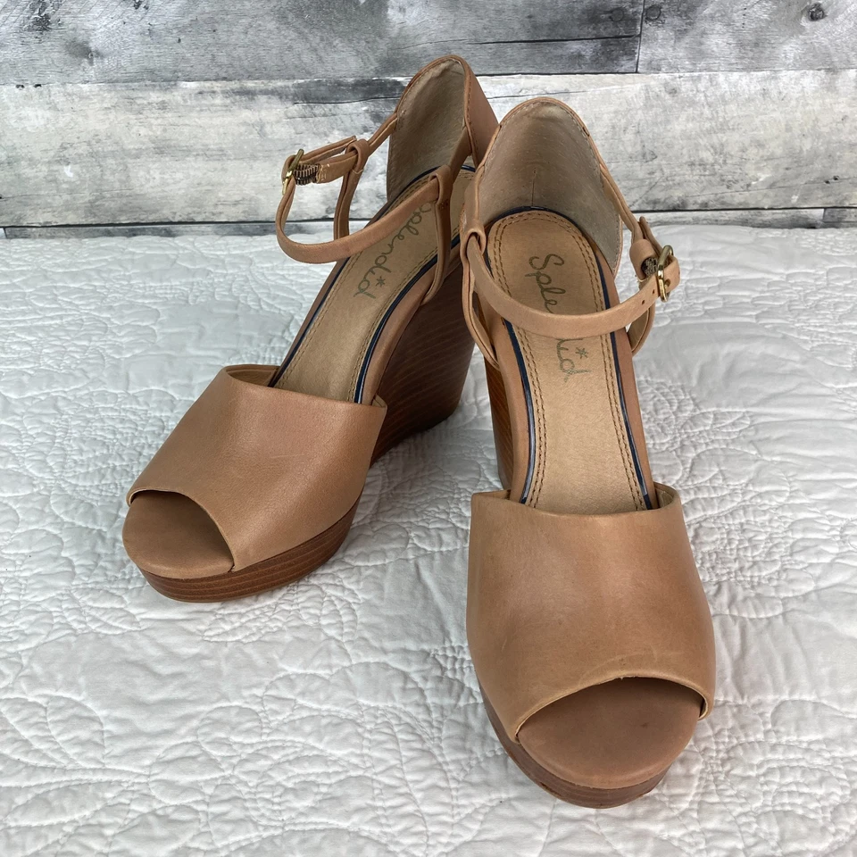 Splendid 天然棕褐色皮革 Davie 露趾楔形凉鞋 - 女式 7.5 - 二手状况完好! — 第 2/4 张图片