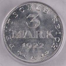 1922-A Germany 3 Mark - ICG MS65 - KM#28,RE
