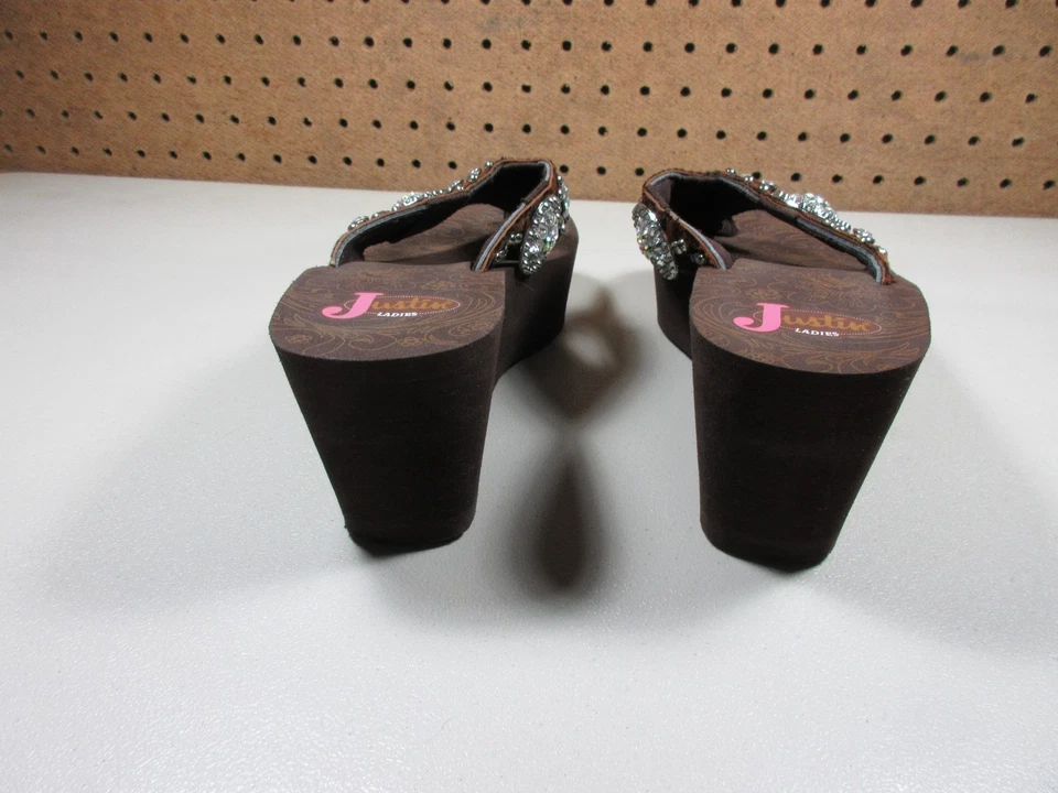 Justin womens brown an beige Blingy high platform Western thong sandals 5 M - Image 3 of 4