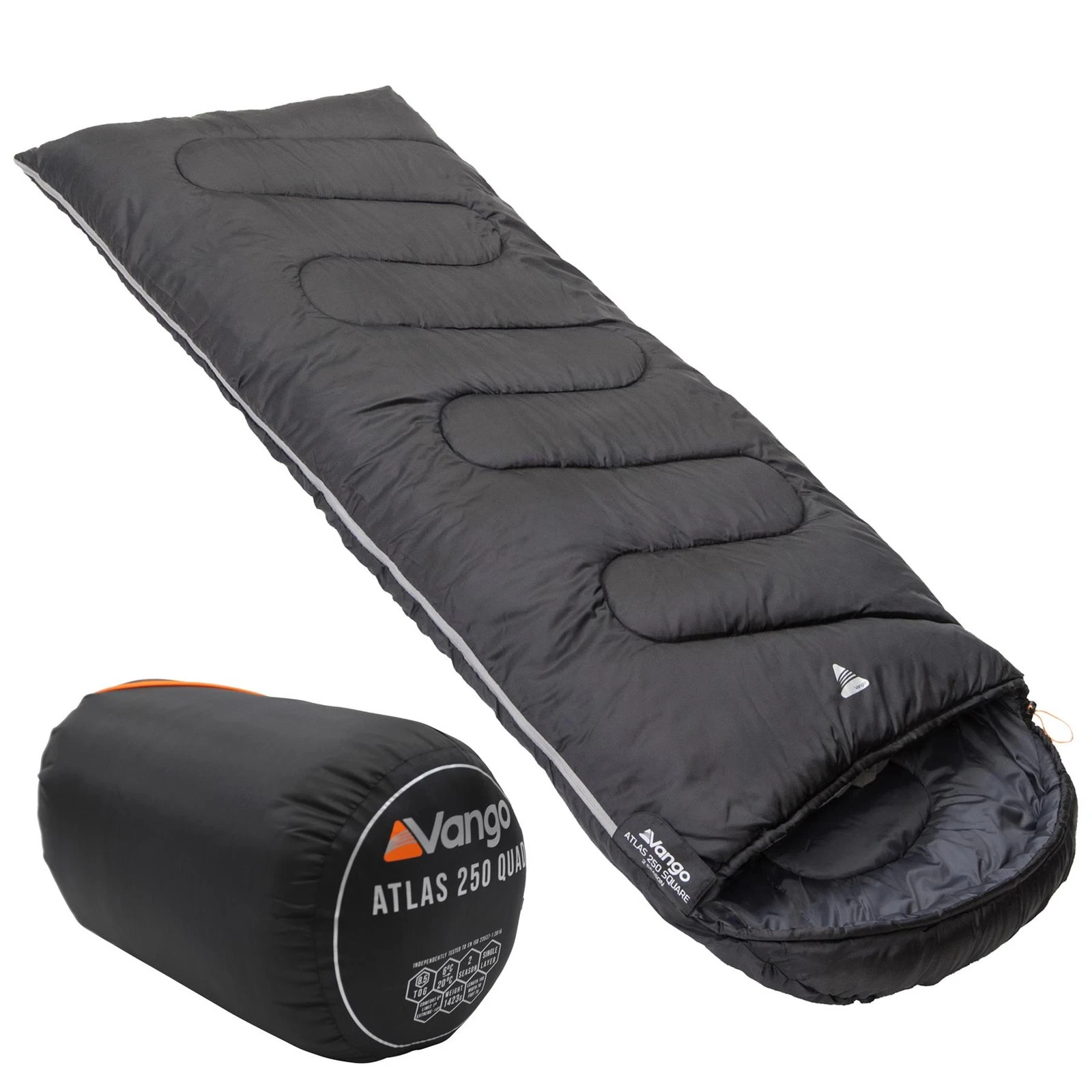 VANGO ATLAS 250 QUAD SLEEPING BAG SQUARE WITH HOOD CAMPING BLACK