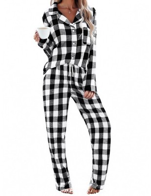 Women's 2 Piece Cotton Plaid Loungewear (Black White Plaid, Large)