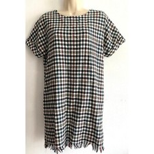 Zara Tweed Wool Blend Dress XS Houndstooth Fringe Shift Mini