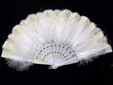 Happy Feather Embroidered Flower Marabou Fan, 1920s Vintage White1