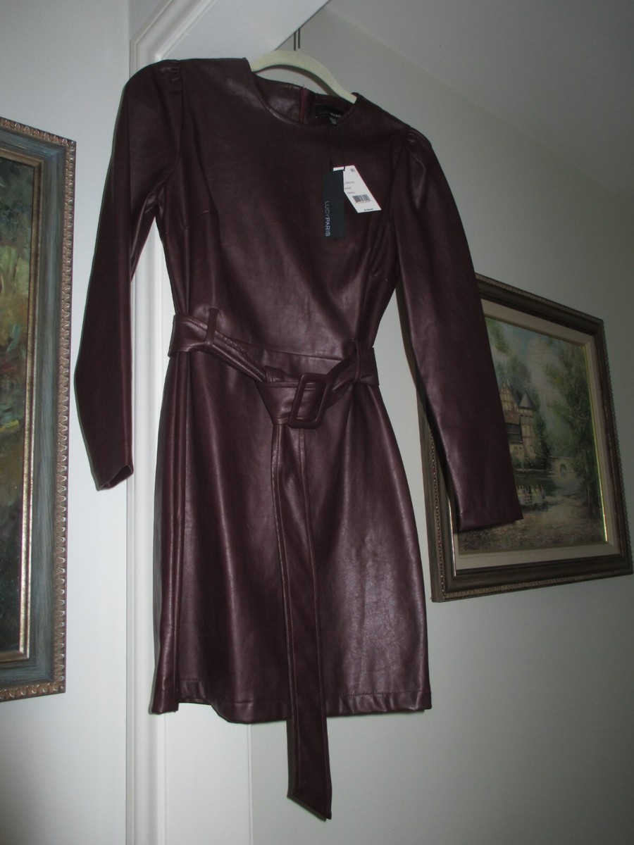 NWT Faux Leather Long Sleeve Belted Burgundy Dress- Size S 