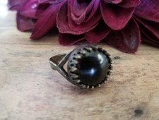 Black agate ring, stone statement, adjustable, bronze, antique style
