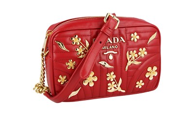 PRADA Diagramme Gold Flowers Shoulder Bag Handbag 1BH084 - Red - NEW