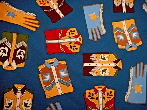 Western Fabric By Yard SALE Cowboy Shirt Riding Gloves Dk Blue Cotton #PC - Picture 2 of 2