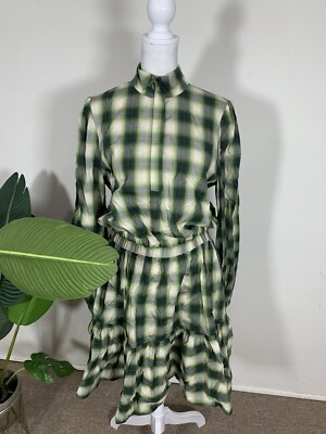 Pearl By Lela Rose WOMENS Olive Multicolored Plaid Poplin Shirt Dress Size M