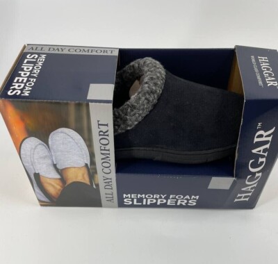 HAGGAR Faux Suede Clog Slippers with Fleece Collar Black Sz  display picture 3