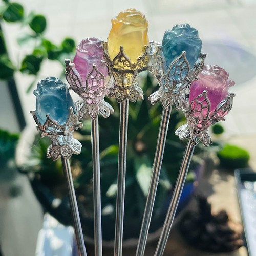 5pc Natural fluorite carved rose hairpin quartz crystal reiki healing - Picture 7 of 10