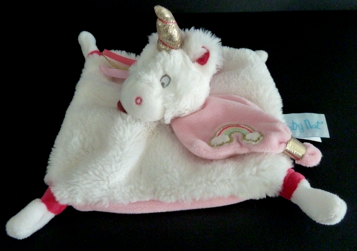 DOUDOU PLAT BABY NAT LICORNE Blanc rose doré arc en ciel ETAT NEUF*