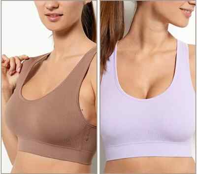 AnyBody Set of 2 Rib Knit Seamless Bras-Brownie/Lilac-Small-NEW-A393149