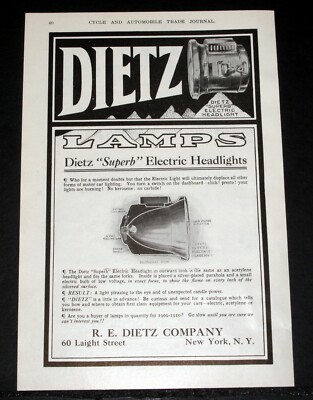 1909 OLD MAGAZINE PRINT AD, DIETZ LAMPS, ''SUPERB'' ELECTRIC HEADLAMPS, PRESTO!