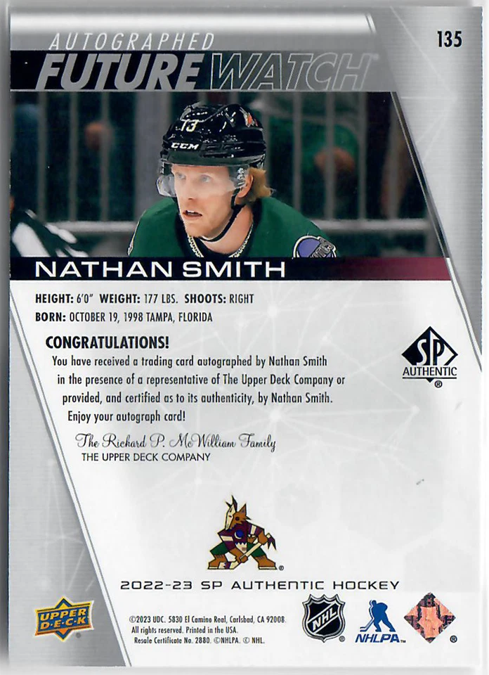 NATHAN SMITH 2022-23 SP Authentic #135 Future Watch Auto FWA Rookie RC /999 - Image 2 of 2