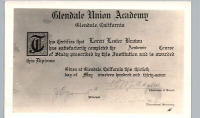 HS DIPLOMA UNION ACADEMY glendale ca real photo postcard rppc high school ~rare