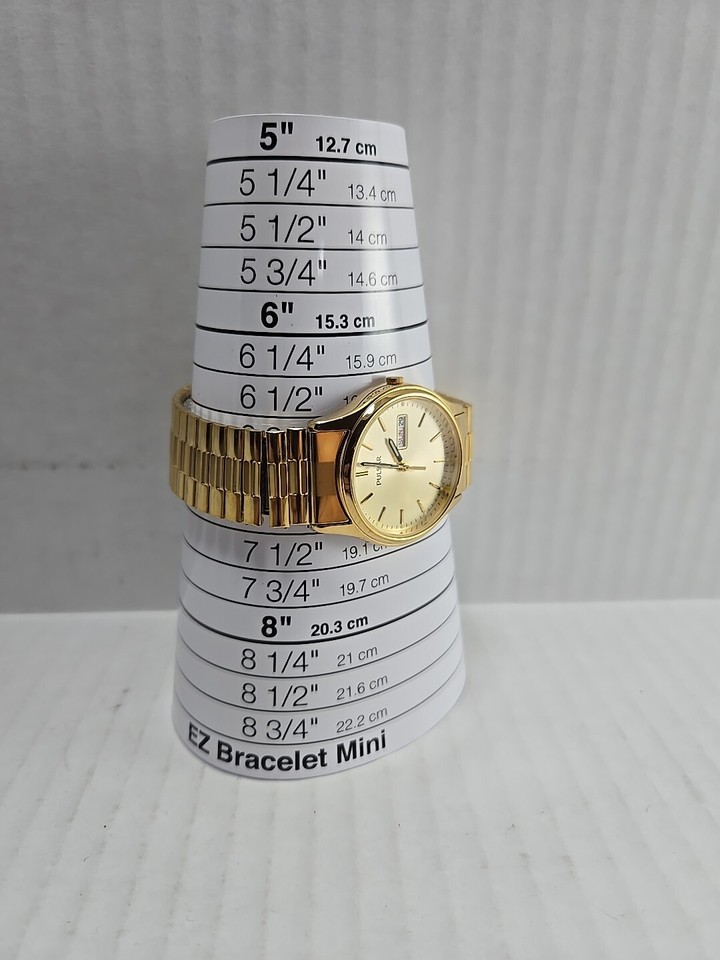 Mens Vintage Pulsar Gold Tone Day Date Watch Stretch Band V7337A30 New