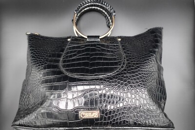Carlos Santana Faux Leather Black Long Strap Round Handles Tote Hand Bag Purse