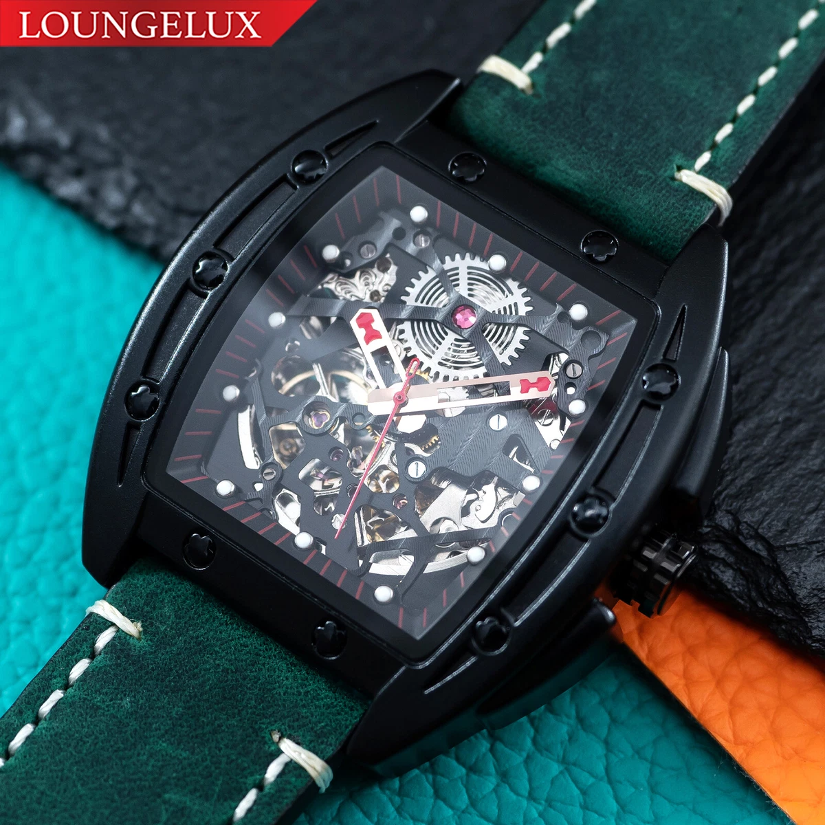 Mens Black Automatic Mechanical Watch Luminous Dial Green Suede