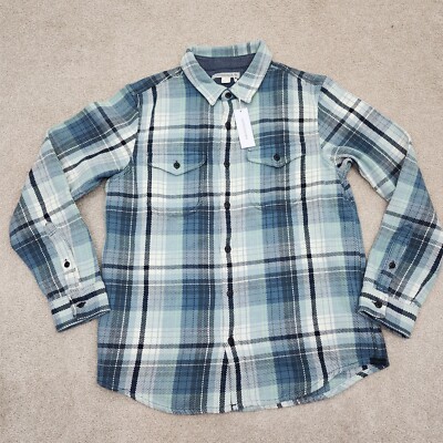 Outerknown Men Medium Blanket Shirt Plaid Blue White Green 100% Organic Cotton