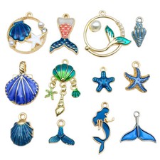 10X Blue Ocean Scallop Shell Mermaid Starfish Charms Pendants for Jewelry Making