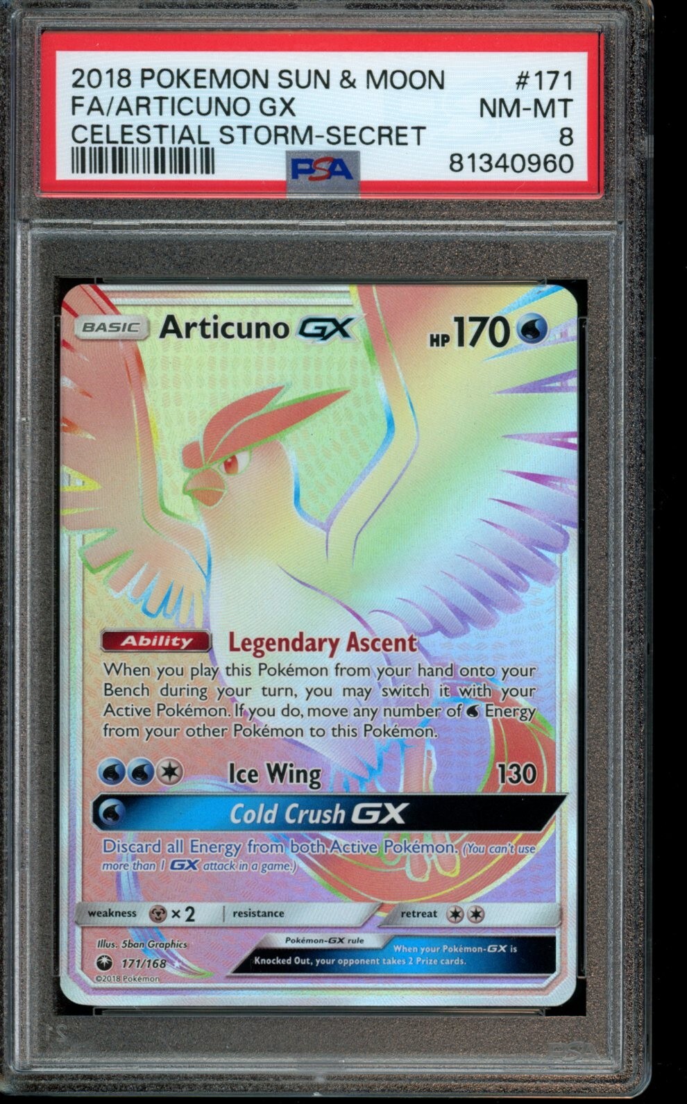 PSA 8 NM-MT Pokemon Articuno GX Celestial Storm Secret #171 2018