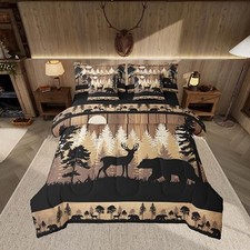 Rustic Bear Deer Comforter Set 7 Pieces Wildlife King Brown Black Orange