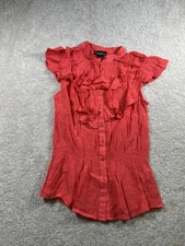 Signature Studio Blouse Womens Medium Red Ruffle Short Sleeve Button Shirt Top
