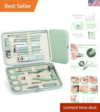 18-Piece Stainless Steel Manicure Pedicure Kit with Elegant Tea Green Case