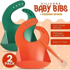 Paquete de 2 baberos de silicona para bebé Satiety verde naranja cuchara impermeable para atrapar migas