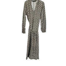 Zara Green Cream Geometric Print Long Sleeve C-Neck Tie Waist Midi Dress Size L