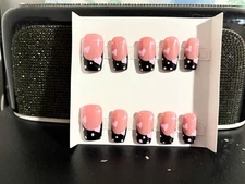 Cute Black French Tips with Pink Accents Press On Nails