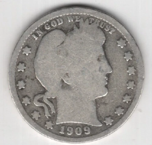 1909 S BARBER QUARTER DOLLAR 90% SILVER SAN FRANCISCO 25¢ UNITED STATES AMERICA