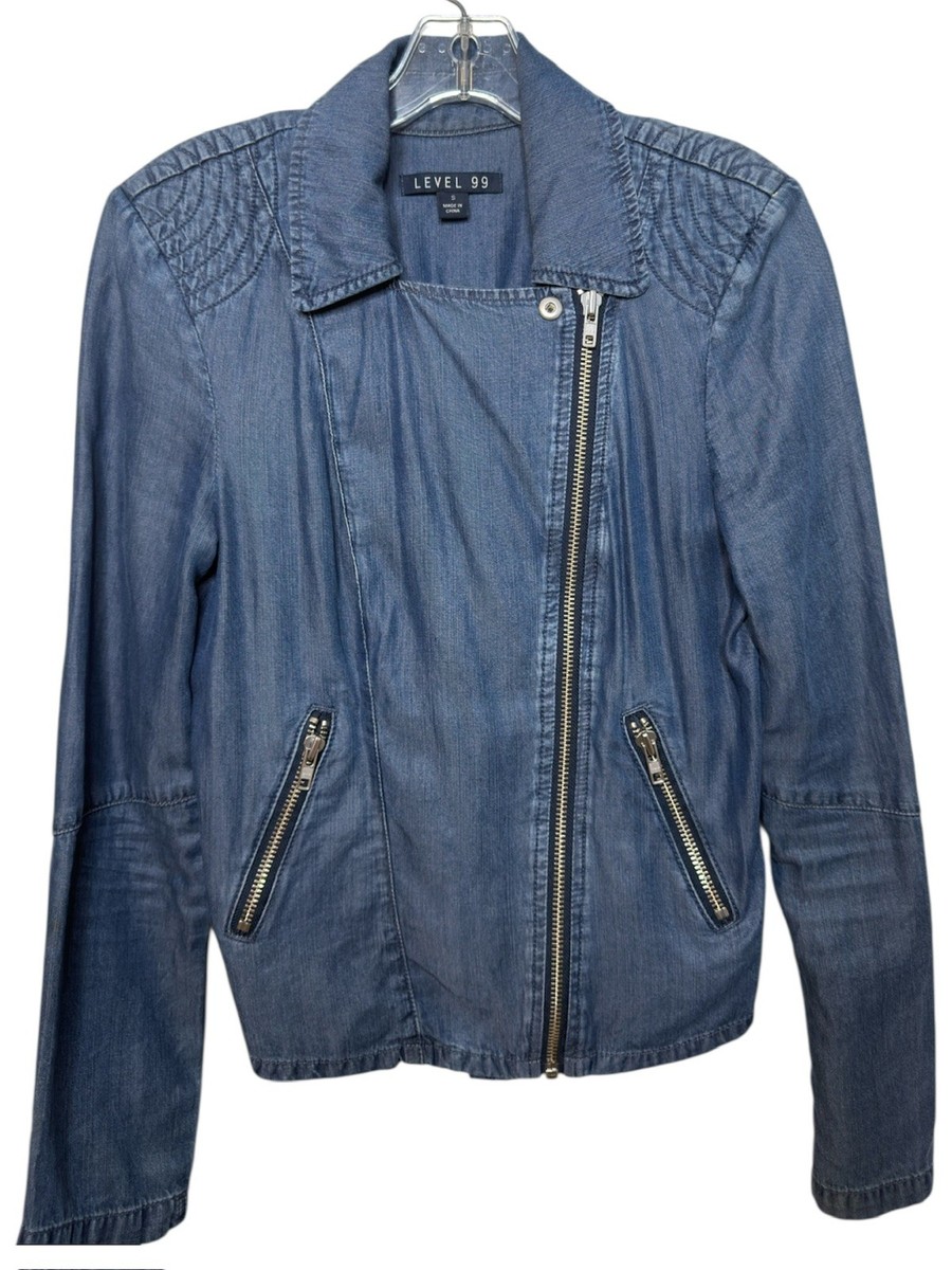 Level 99 Chambray Blue Asymmetrical Zip Moto Denim Jean Jacket
