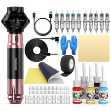 Complete Wormhole Wireless Tattoo Gun Kit Rotary Cartridges Pen Needles Ink