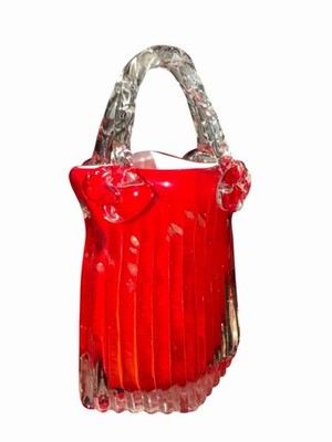 Vintage Ruby Red Cased Art Glass Purse Vase Gold Aventurine Flecks Hand Blown