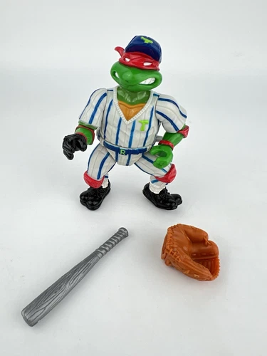 TMNT 1991 Grand Slammin Raph Action Figure Baseball Bat Glove Vtg Turtle Player