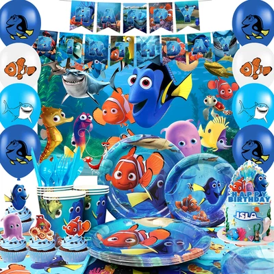 INBOXXARTY 110Pcs Finding Nemo Party Party Tableware Finding Nemo Banner Balloon Tablecloth