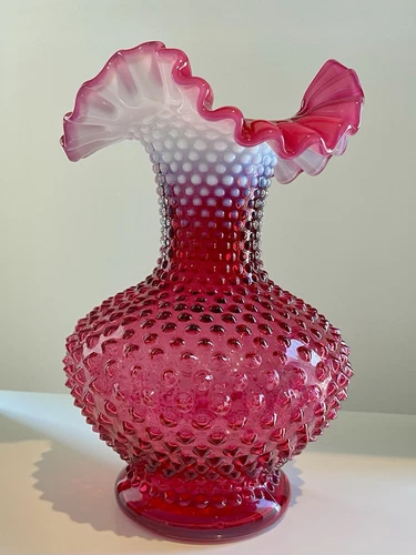 Vintage Fenton Hobnail Depression Glass Vase Ruffled Edge 11”