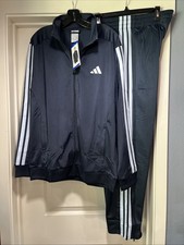 Mens Large Adidas 3 Stripe Tricot Track Jacket And Pant Dark Blue Set Suit New