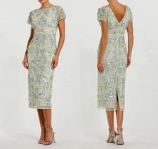 Mac Duggal Green Embellished Mesh Fitted Cap Sleeve Cocktail Dress