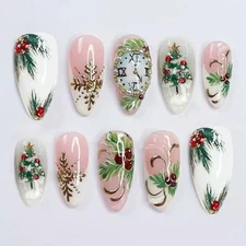 30Pcs Winter Snowflake Press on Nails Medium Almond Winter Snowflake-17