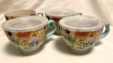 4 PIONEER WOMAN 27 OZ WILLOW LARGE SOUP CHILI COFFEE TEA MUGS 1 W/CHIP 3 LIDS