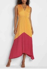 Express Pleated Colorblock Maxi Dress Orange Pink Chiffon XL Sleeveless V Neck